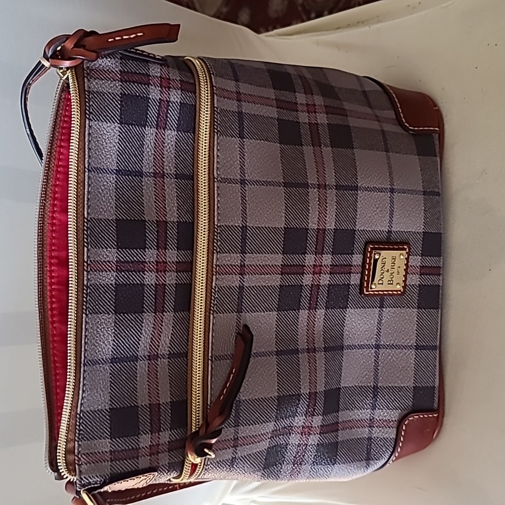 Dooney & Bourke plaid purse. Over the shoulder.  Grey and red. New.